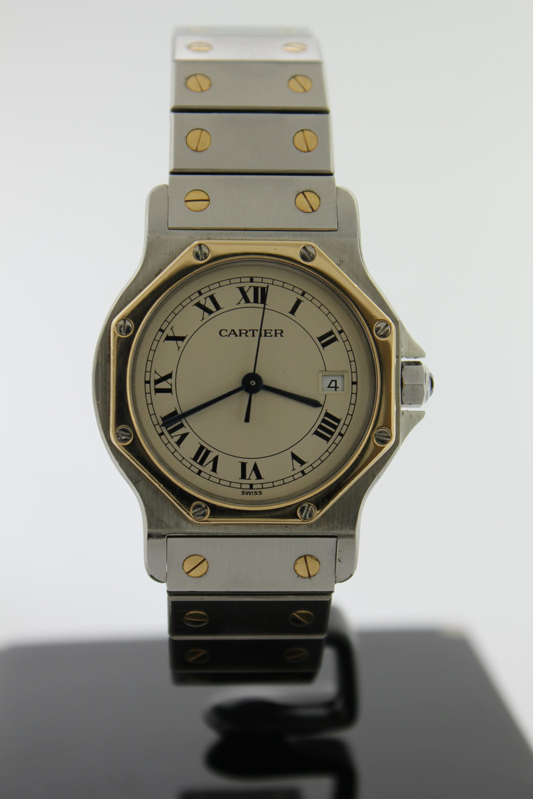 Cartier Santos Octagon 18K Yellow Gold & Stainless Steel 30mm Ivory Roman Dial 187902 - Arnik Jewellers
