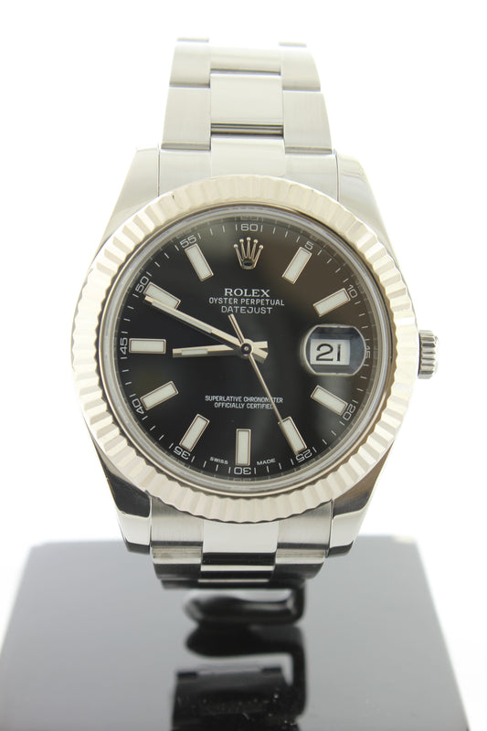 Rolex Datejust II Stainless Steel Oyster Black Dial 18K White Gold Fluted Bezel 41mm 116334 - Arnik Jewellers