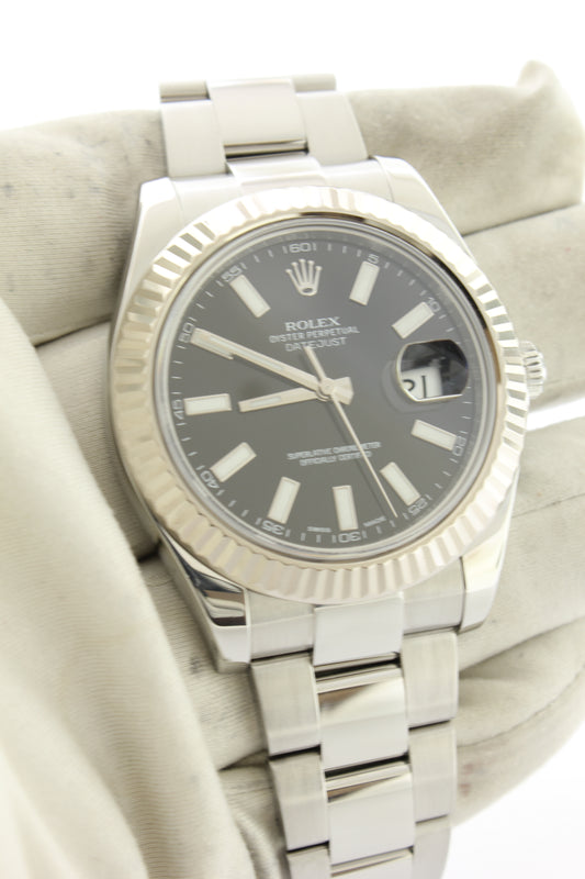 Rolex Datejust II Stainless Steel Oyster Black Dial 18K White Gold Fluted Bezel 41mm 116334 - Arnik Jewellers
