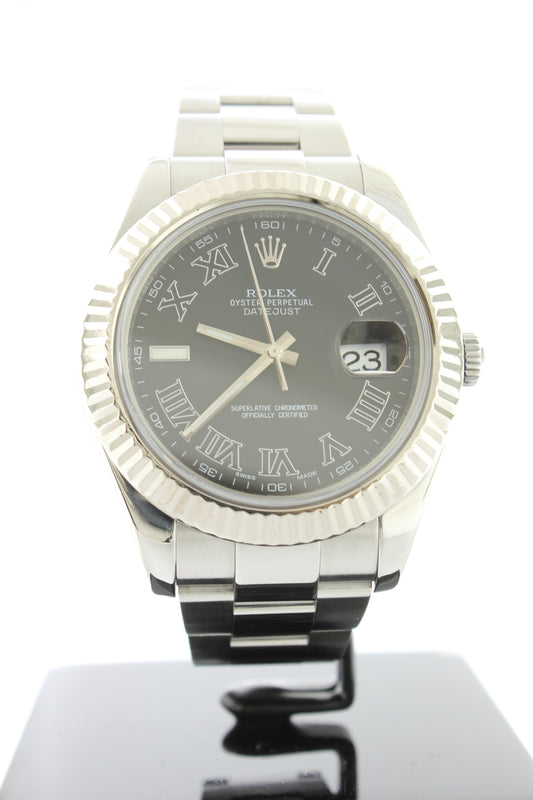 Rolex Datejust II Stainless Steel Oyster Charcoal Roman Dial 18K White Gold Fluted Bezel 41mm 116334 - Arnik Jewellers