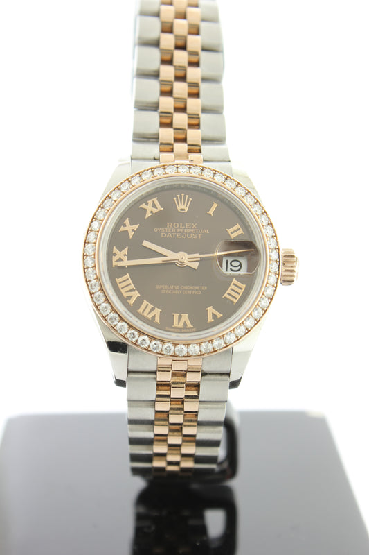 Rolex Ladies Datejust 28mm 18K Everose Gold & Stainless Steel Jubilee Chocolate Dial Diamond Bezel 279381RBR - Arnik Jewellers