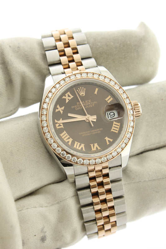 Rolex Ladies Datejust 28mm 18K Everose Gold & Stainless Steel Jubilee Chocolate Dial Diamond Bezel 279381RBR - Arnik Jewellers