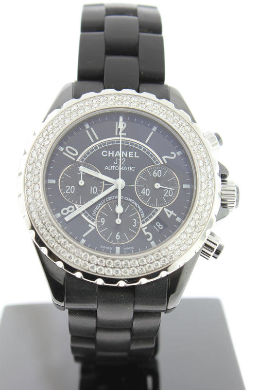 Chanel J-12 41mm Chronograph Automatic Black Ceramic Diamond Bezel H1009 - Arnik Jewellers