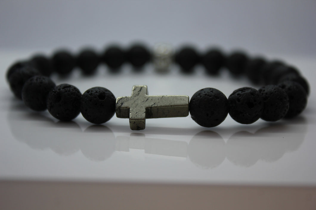 Black Lava with Pyrite Cross Bead Bracelet - Arnik Jewellers
