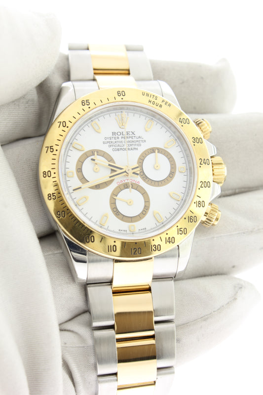 Rolex Cosmograph Daytona 116523 18K Yellow Gold & Stainless Steel 40mm Oyster White Dial - Arnik Jewellers